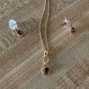 Gold Infinity Necklace and Earring Set with pear shaped Garnets